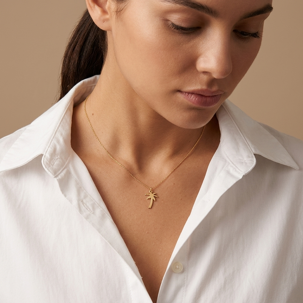 14K solid gold palm tree necklace, worn at the neckline