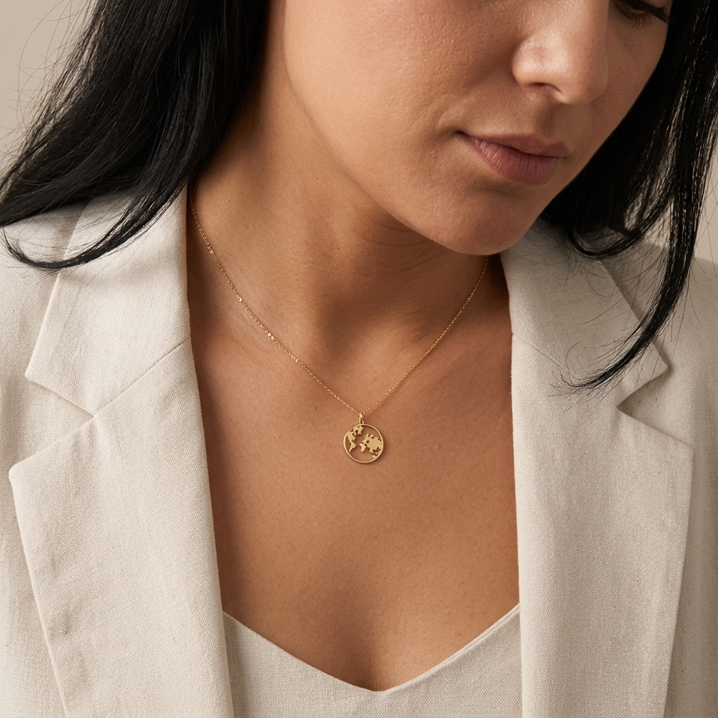 14K solid gold earth necklace, worn at the neckline