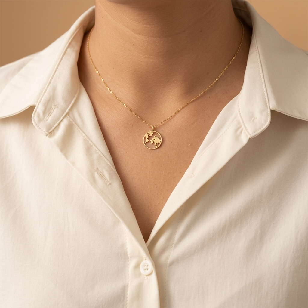 14K solid gold earth necklace, worn at the neckline