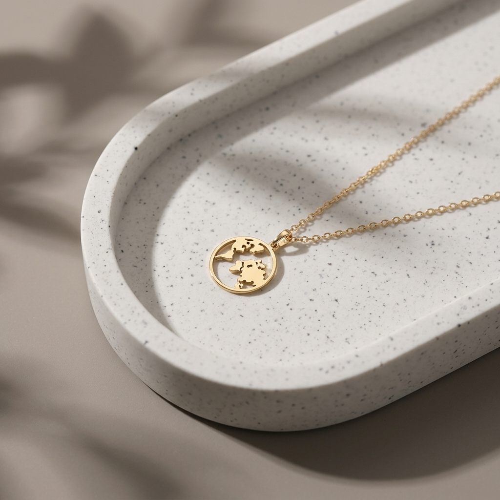 14K solid gold earth necklace, worn at the neckline