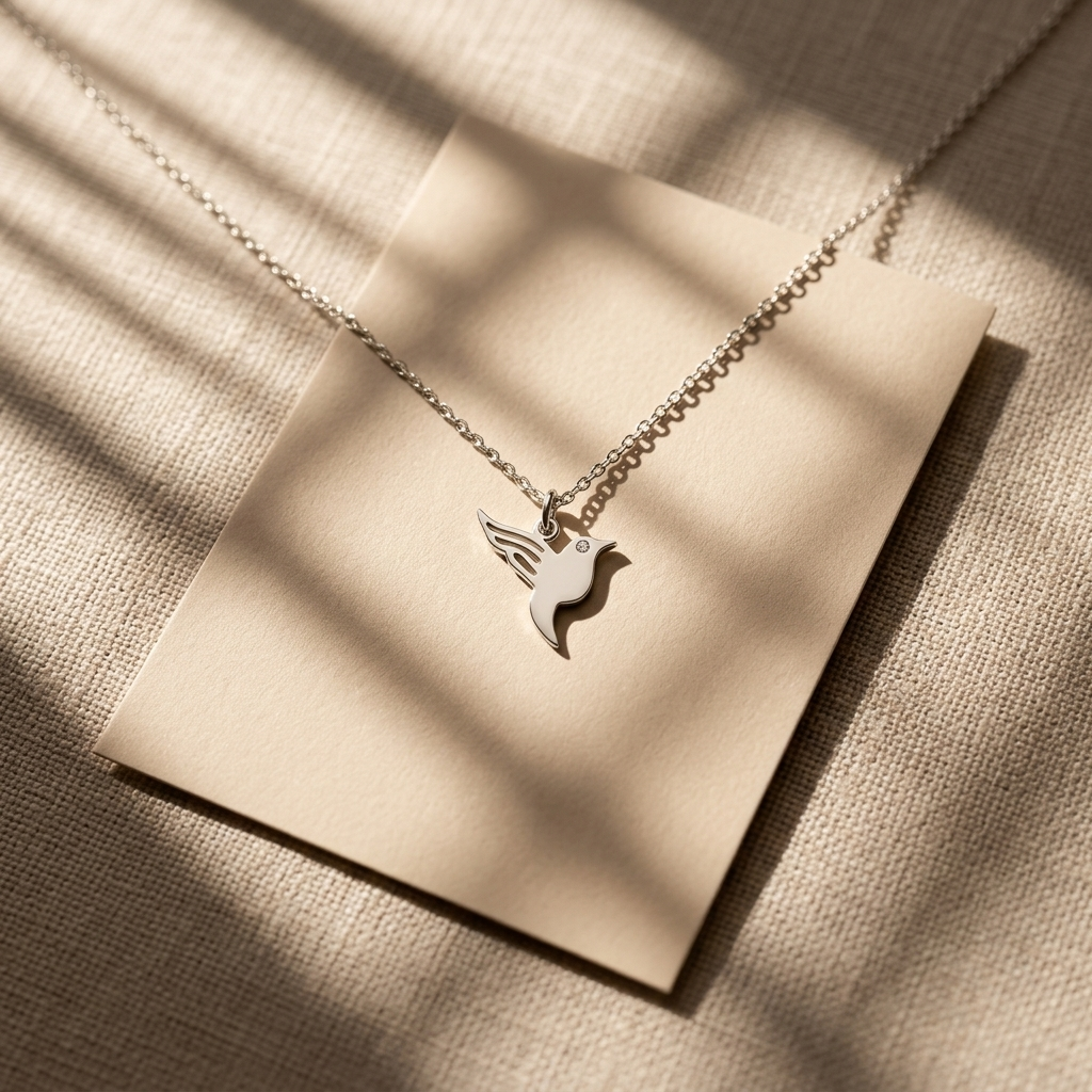 14K yellow gold hummingbird diamond pendant necklace, worn at the neckline