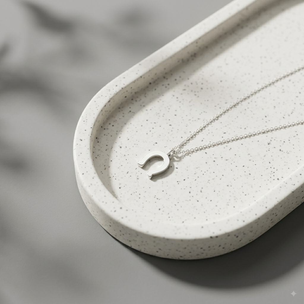 14K solid gold horseshoe pendant necklace, styled product view