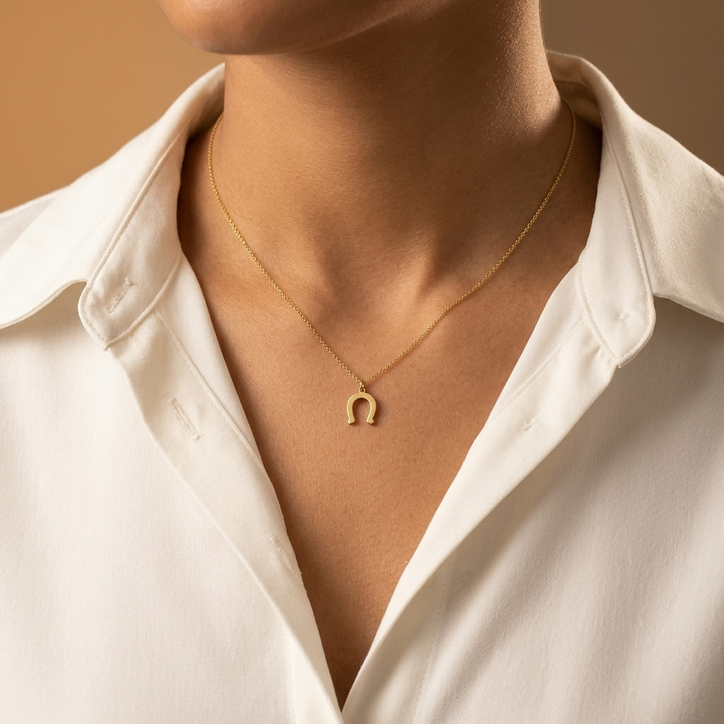14K solid gold horseshoe pendant necklace, additional view