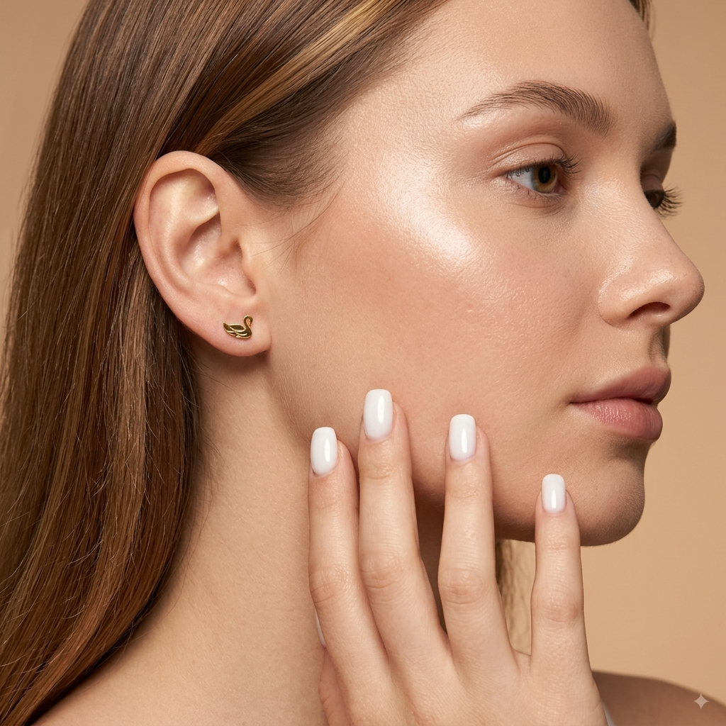 14K solid gold swan stud earrings, styled product view