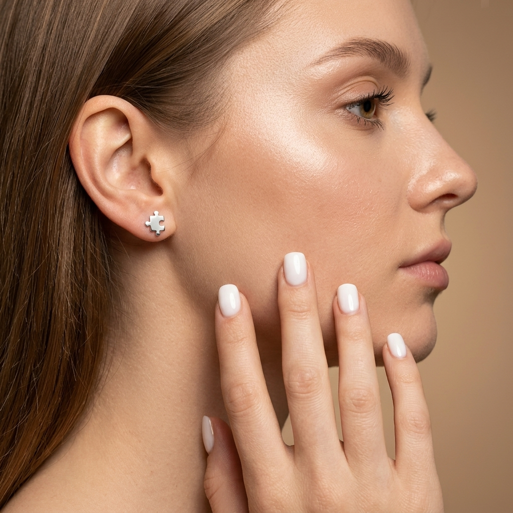 14K solid gold puzzle earrings, styled product view
