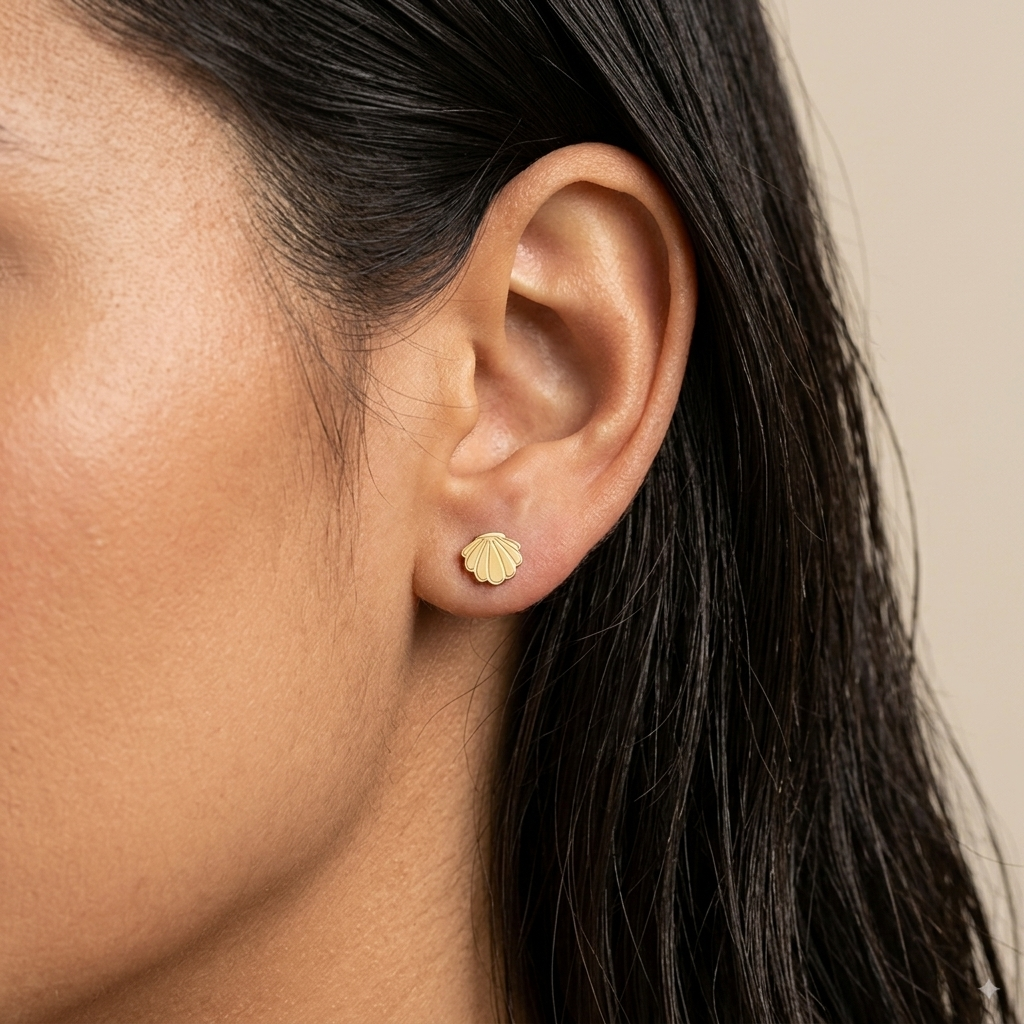 14K solid gold seashell stud earrings, design detail