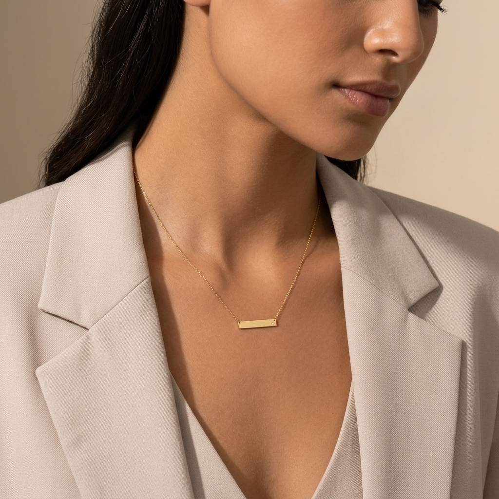 14K yellow gold diamond name bar necklace, additional view