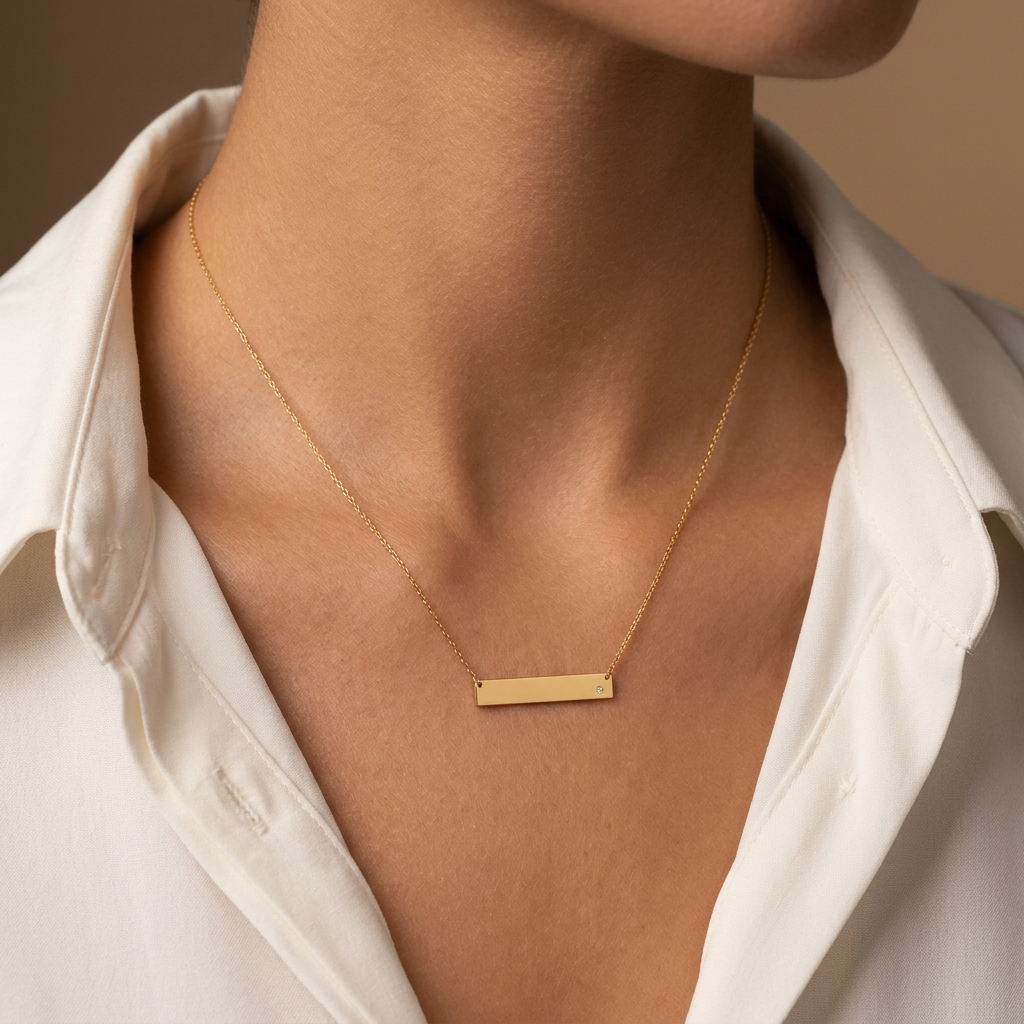 14K yellow gold diamond name bar necklace, product view