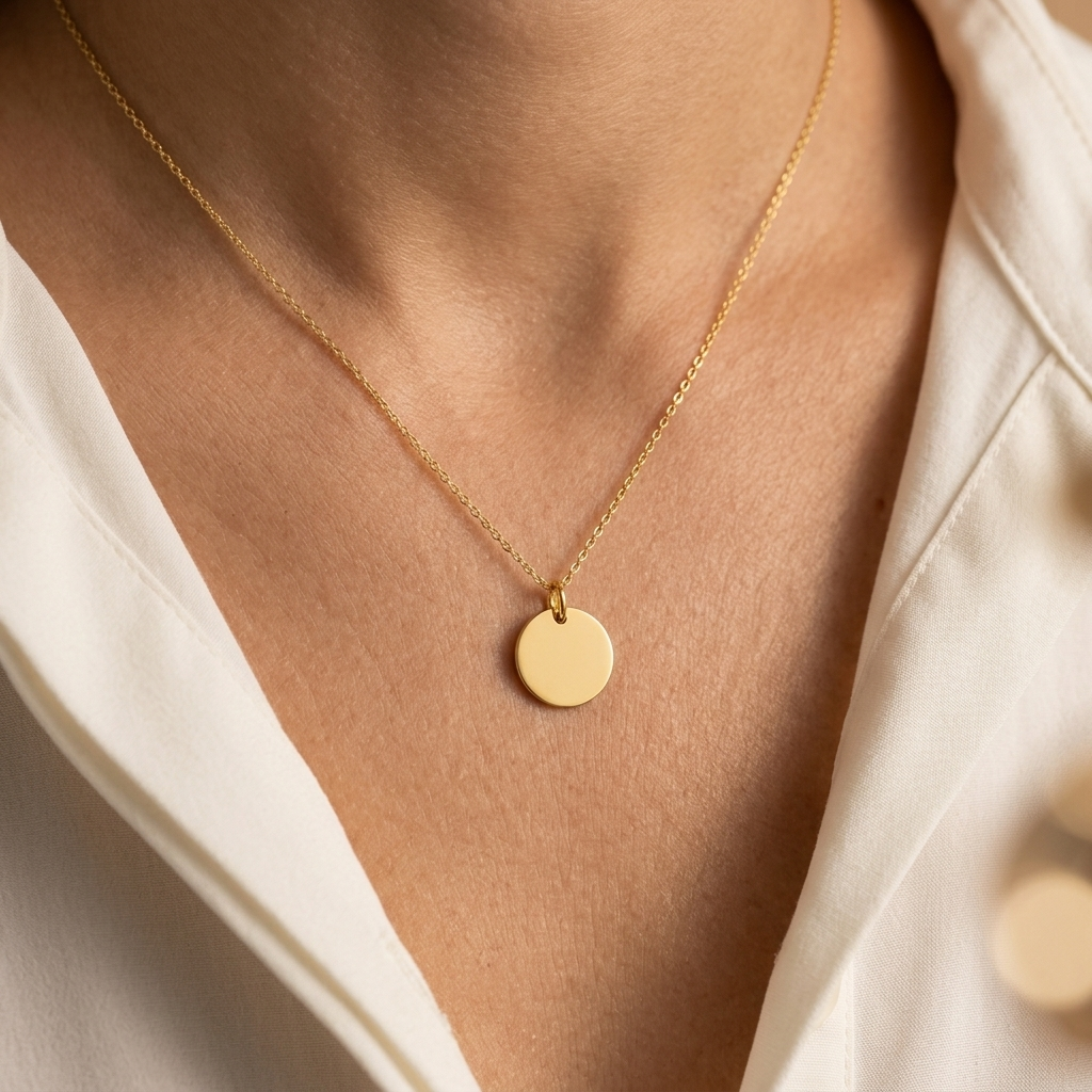 14K gold round disc pendant necklace worn at the neckline over a white blouse