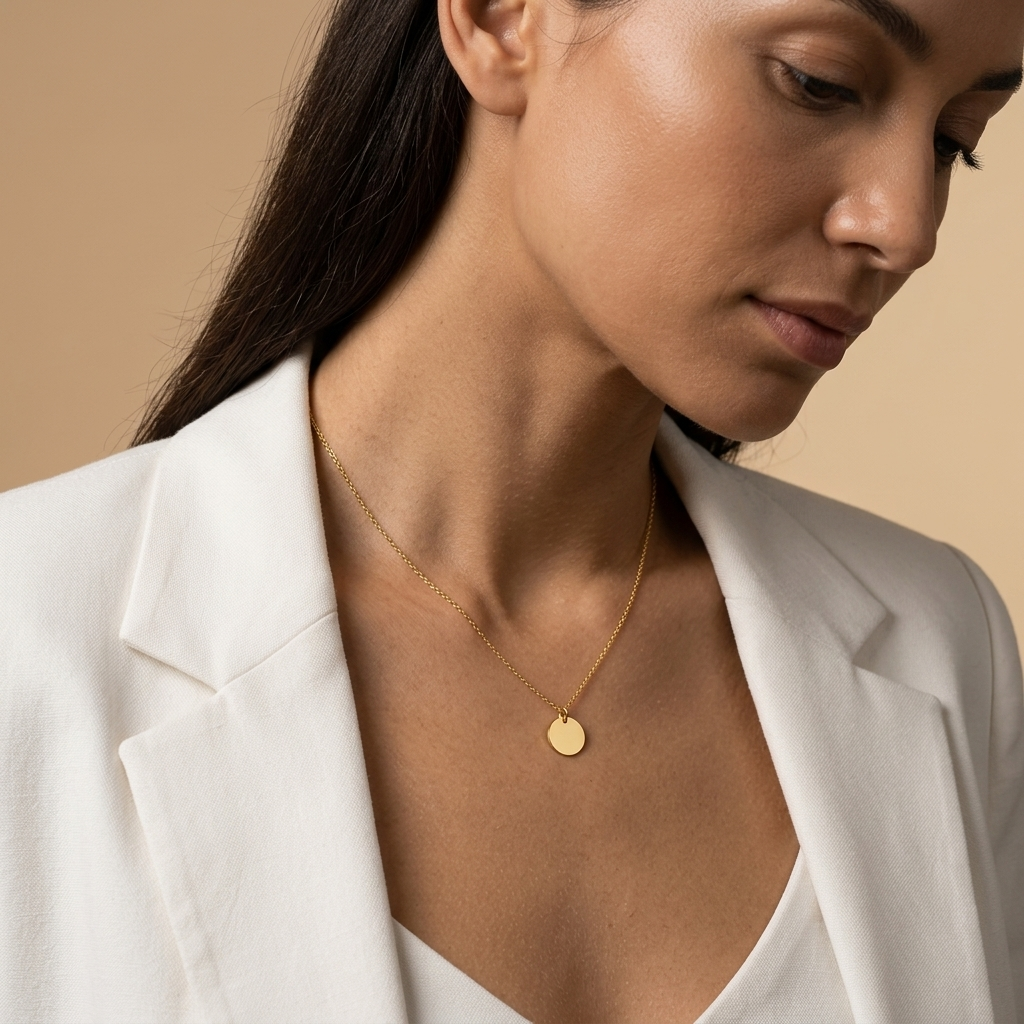 14K yellow gold round disc pendant necklace, additional view