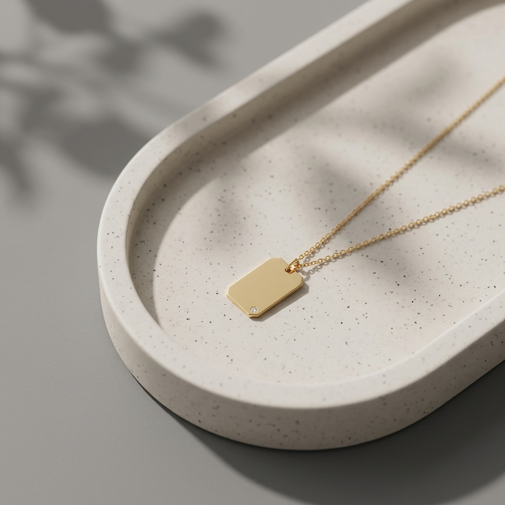 14K yellow gold diamond dog tag necklace, design detail