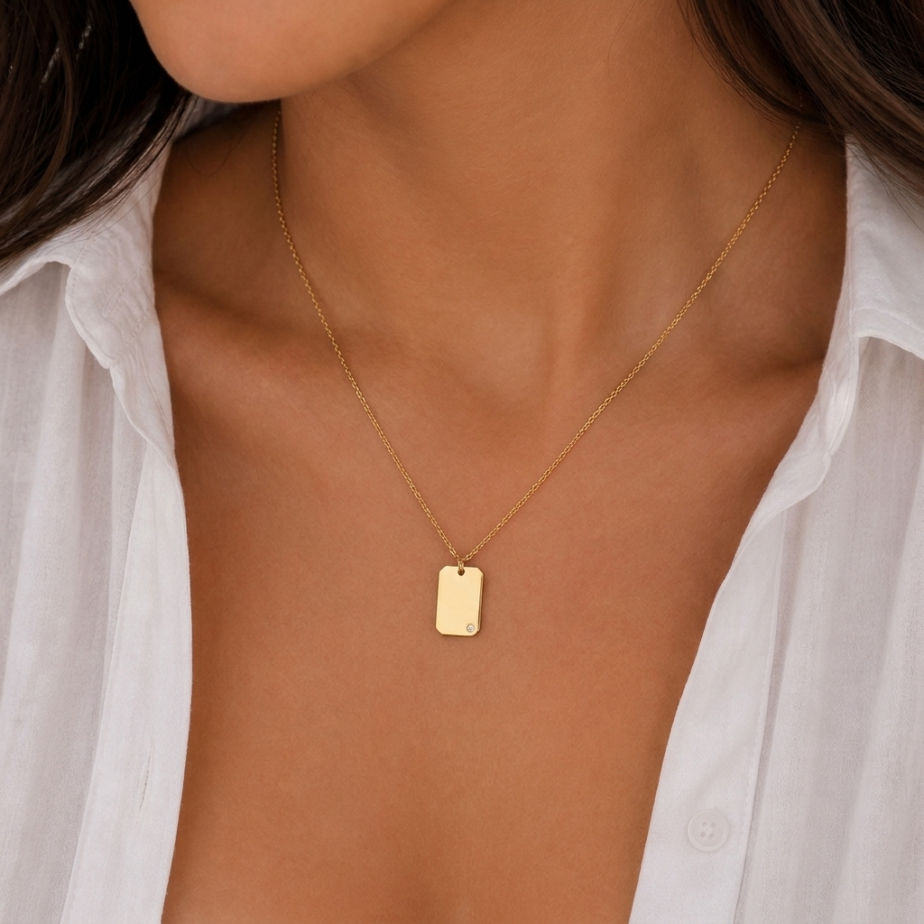 14K yellow gold diamond dog tag necklace, product view