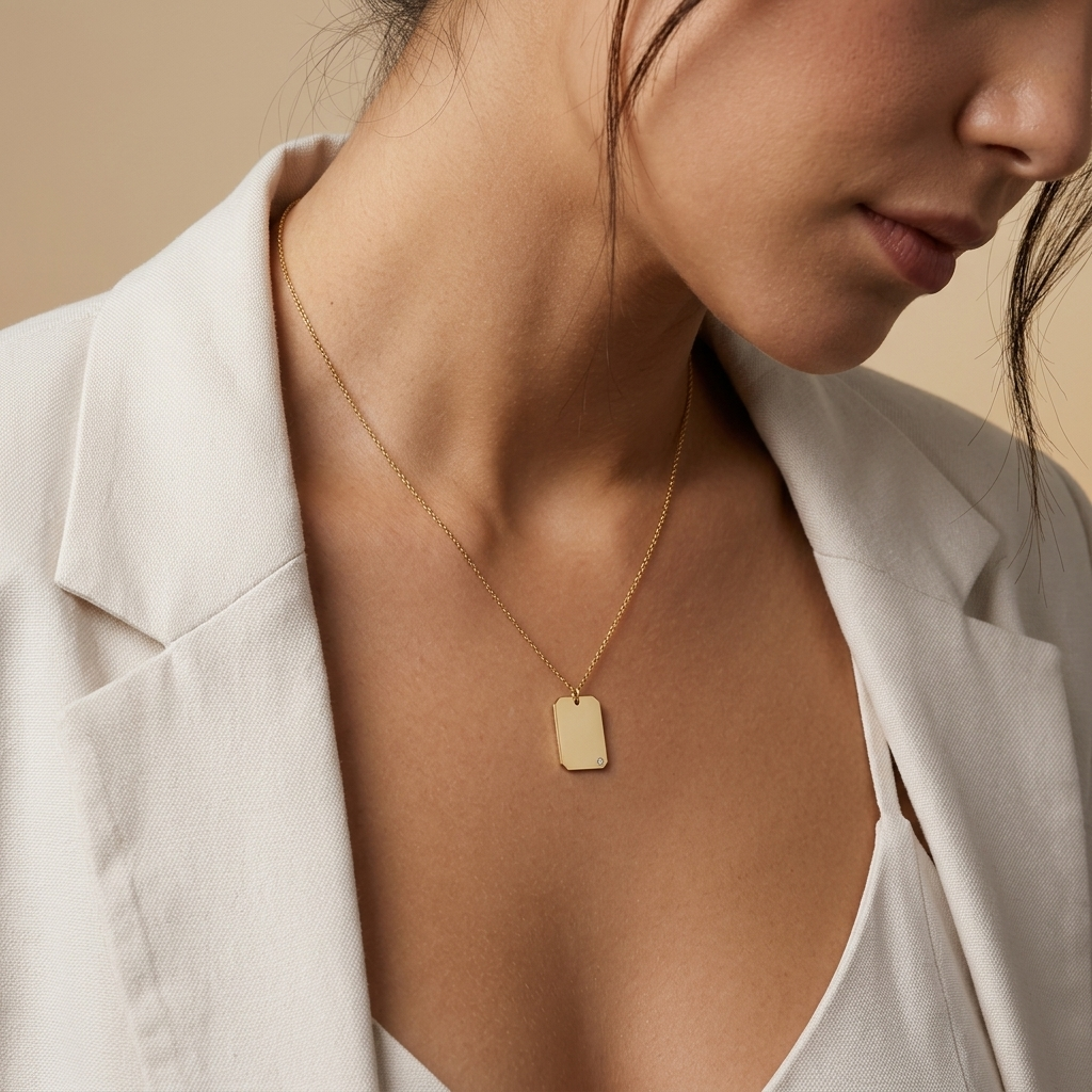 14K yellow gold diamond dog tag necklace, additional view