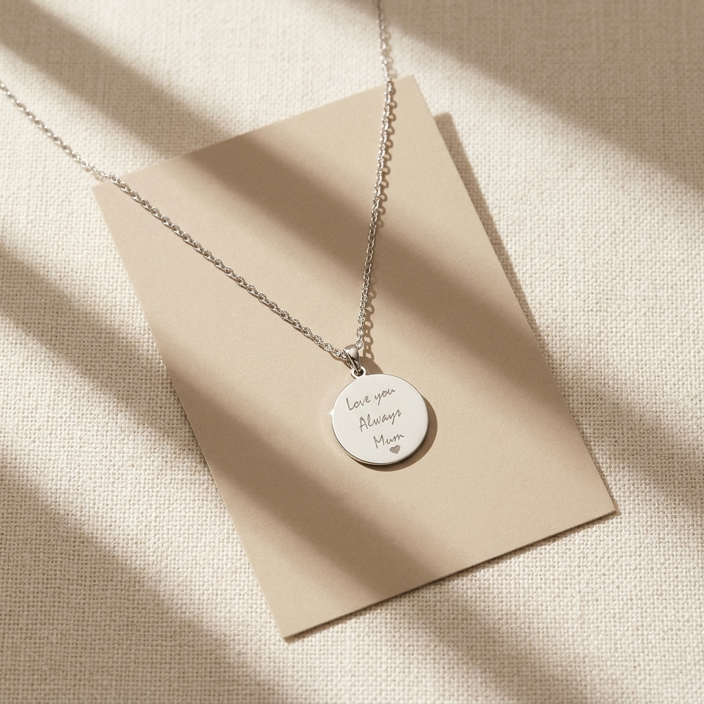 14K yellow gold engraved handwriting disc necklace, styled product view
