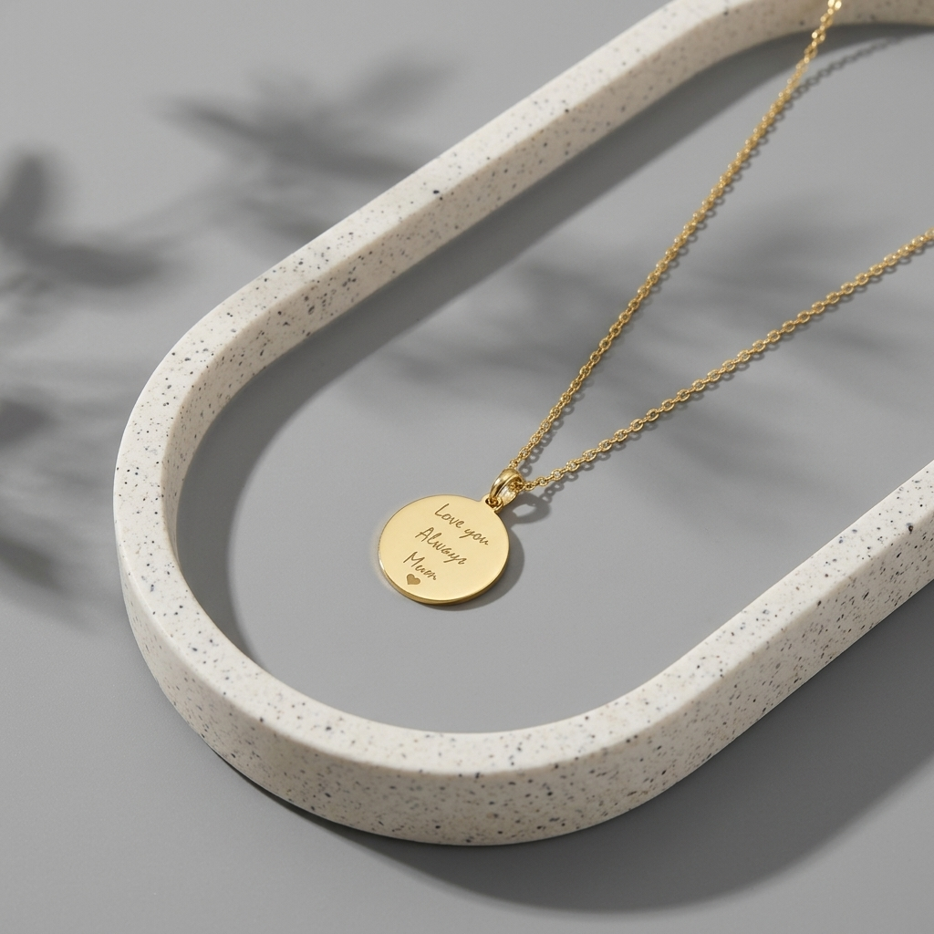 14K yellow gold engraved handwriting disc necklace, design detail