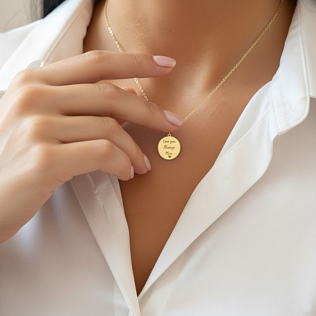14K solid gold engraved handwriting disc necklace, worn at the neckline