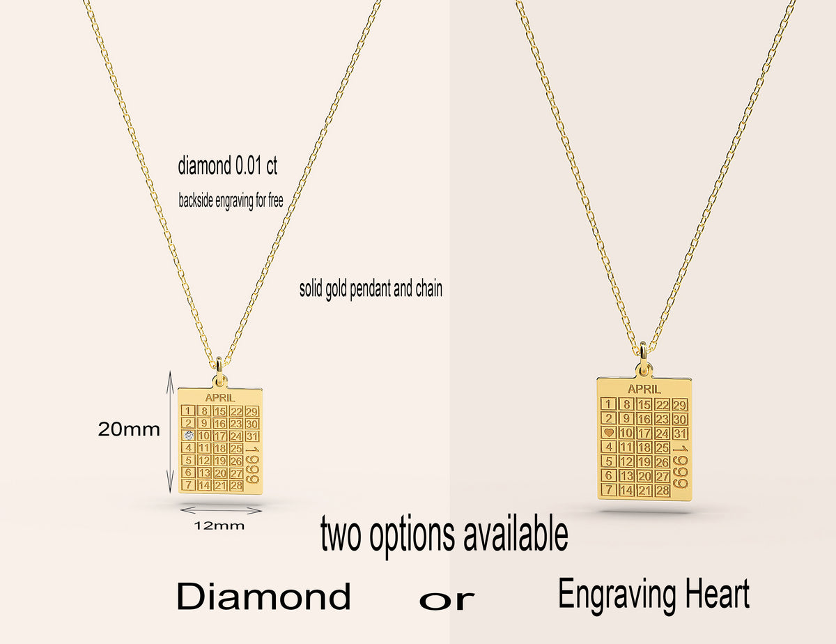 Calendar pendant necklace options showing diamond or engraved heart and 20 x 12 mm dimensions