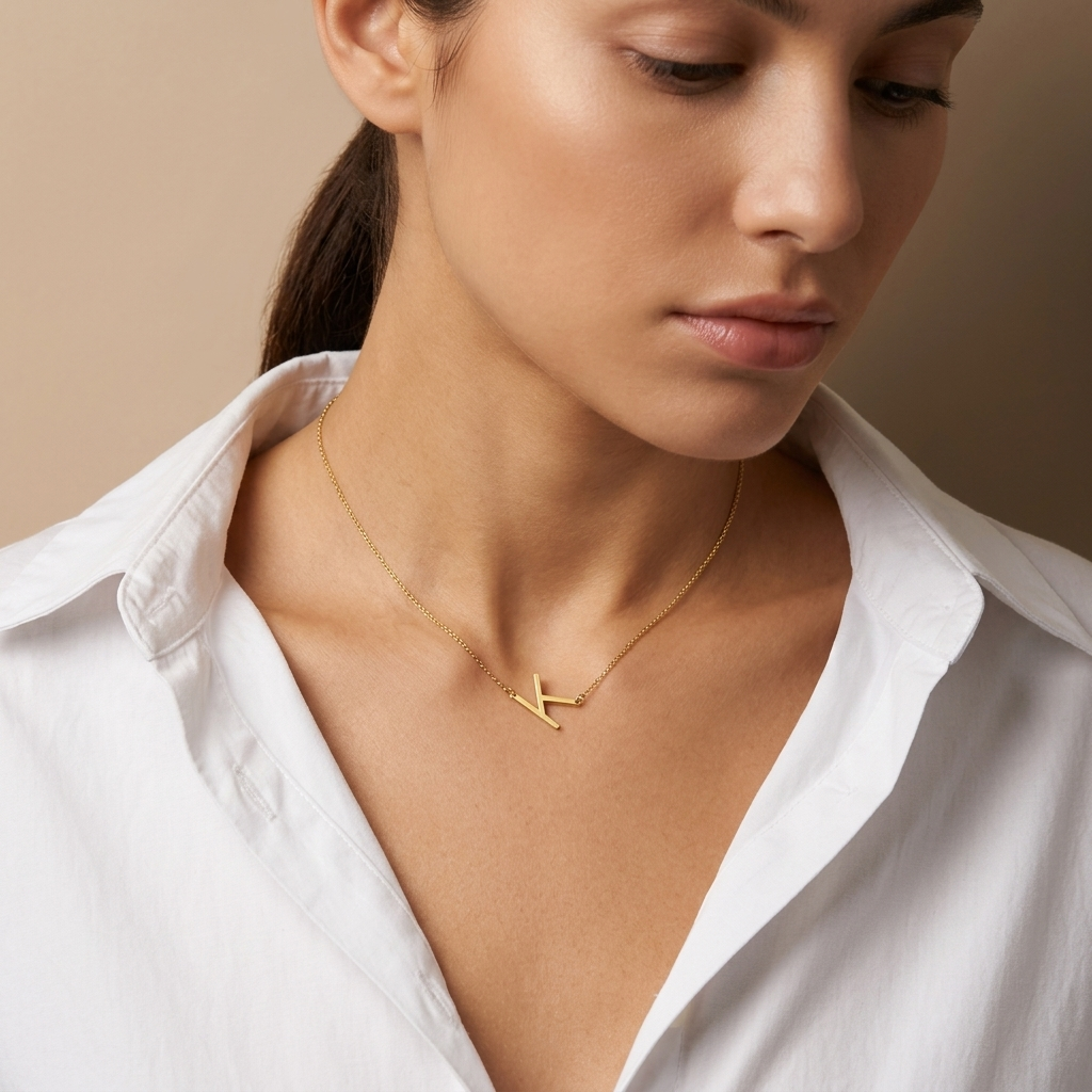 14K solid gold sideways letter necklace, additional view
