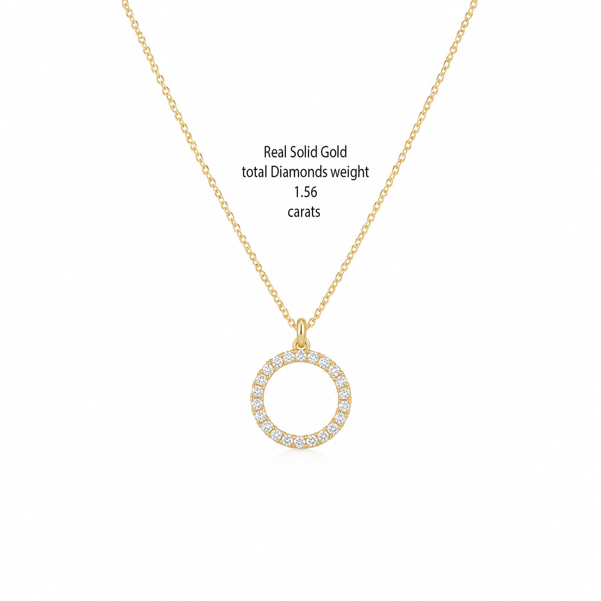 14K solid gold lab-grown diamond circle karma necklace with pendant size and measurements