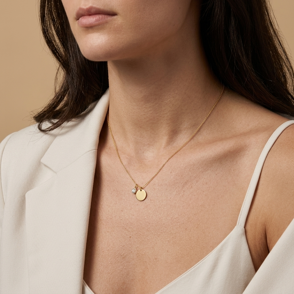 14K solid gold diamond-set disc necklace with handwriting engraving, catalogue product view