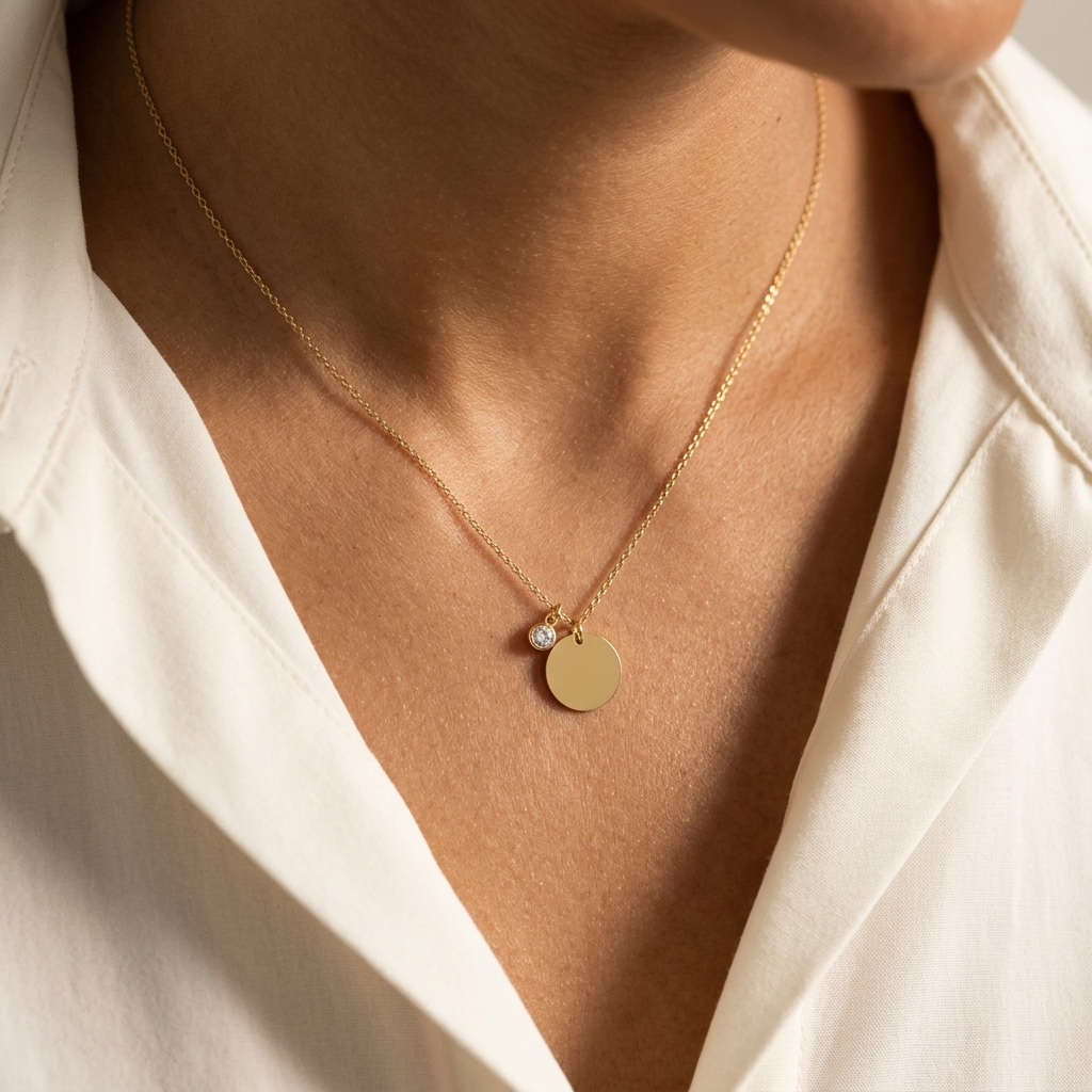 14K solid gold diamond-set disc necklace with handwriting engraving, catalogue product view