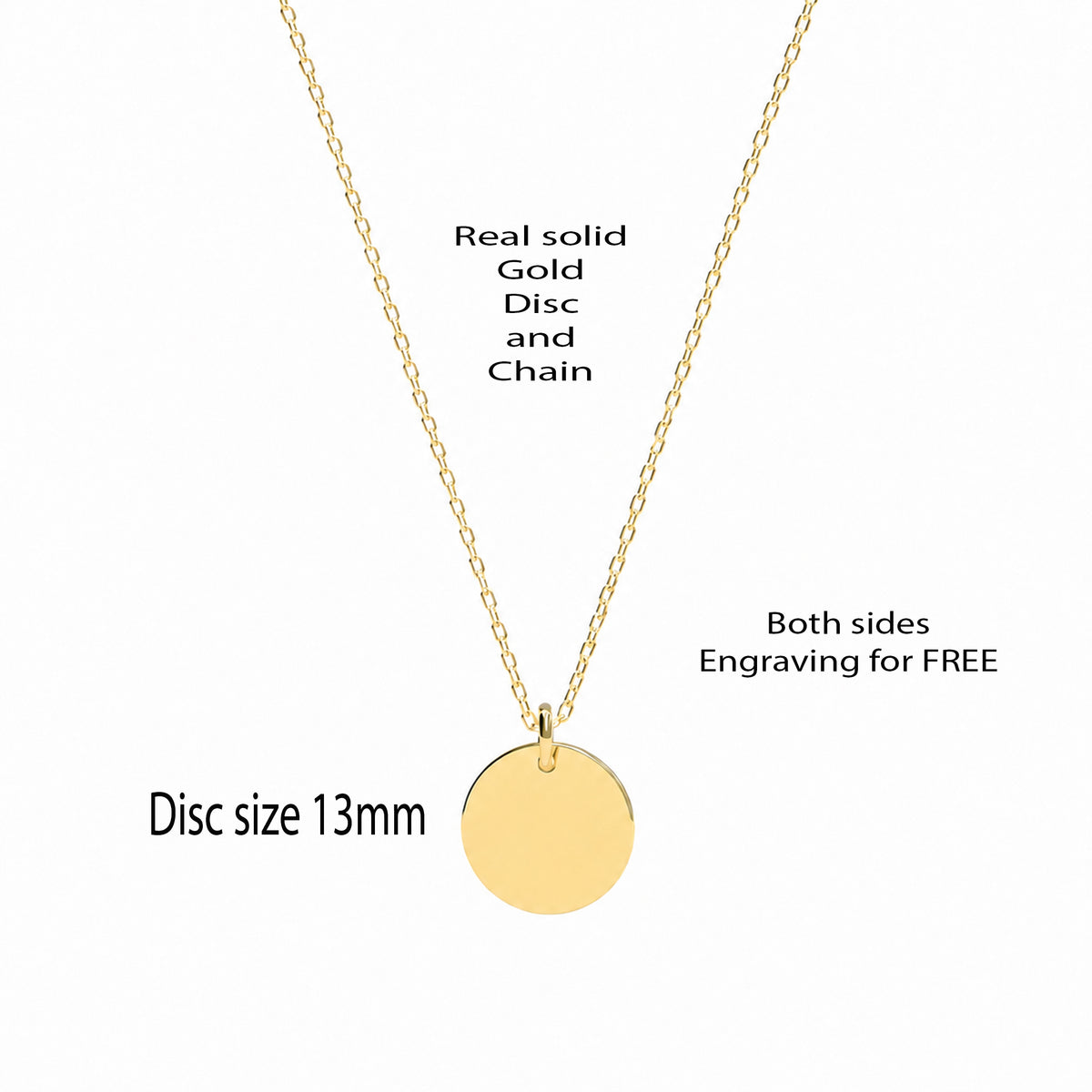 14K solid gold personalized custom disc necklace with pendant size and measurements