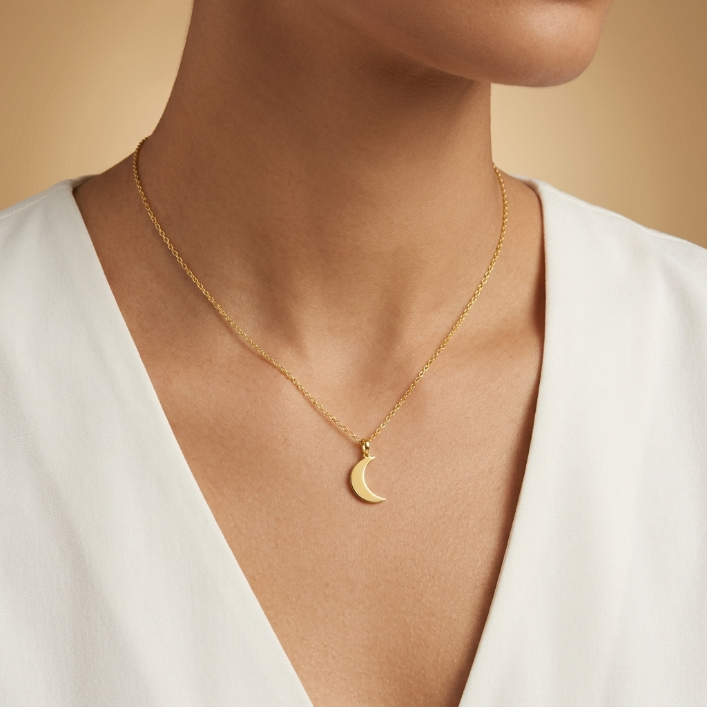 14K solid gold moon necklace, catalogue product view