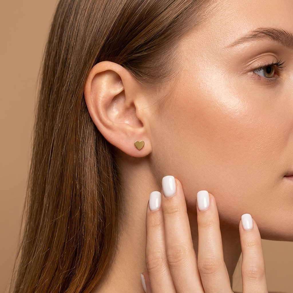 Close-up of 14K yellow gold tiny heart stud earrings