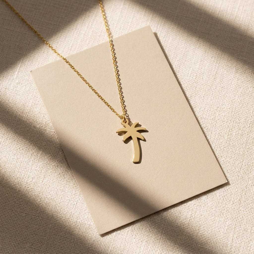 Close-up of 14K yellow gold palm tree necklace