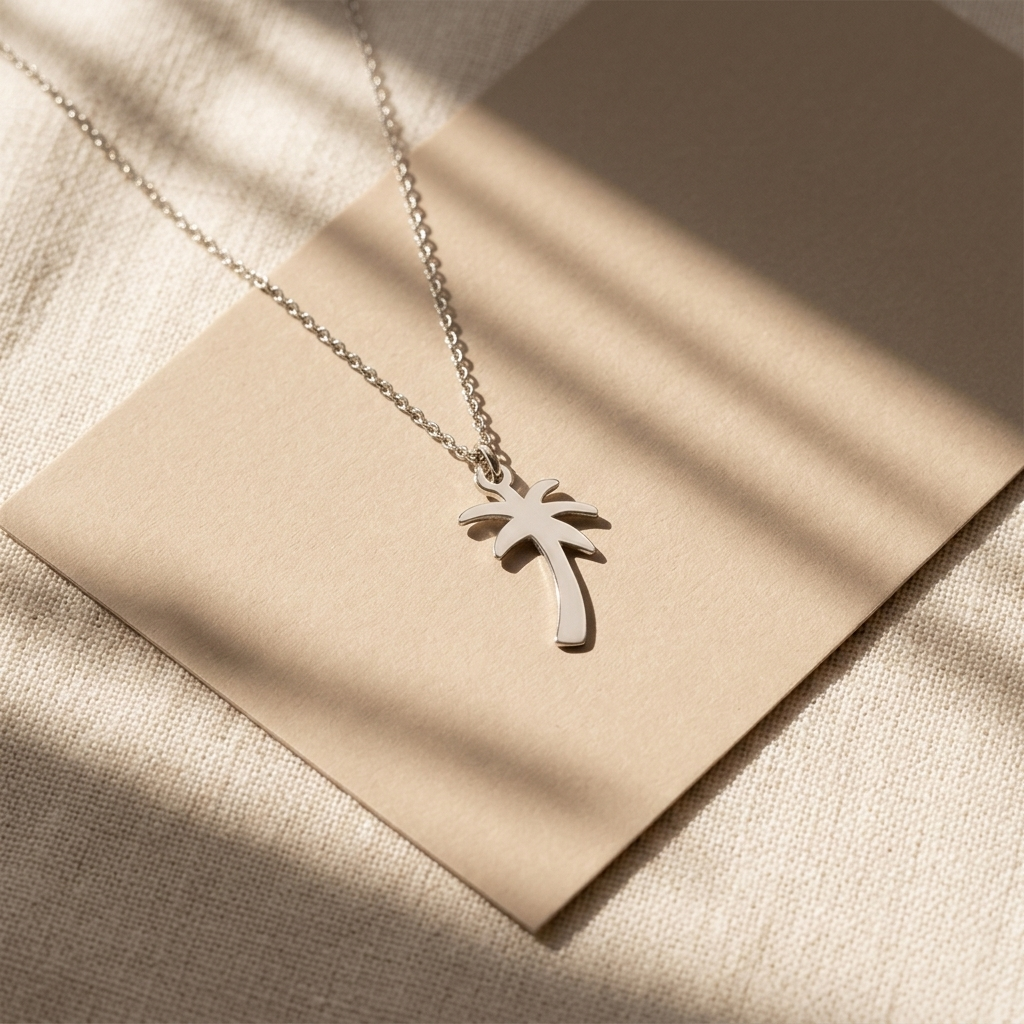 Close-up of 14K yellow gold palm tree necklace