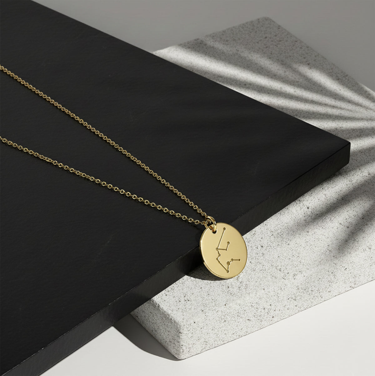 Close-up of 14K yellow gold zodiac constellation disc necklace
