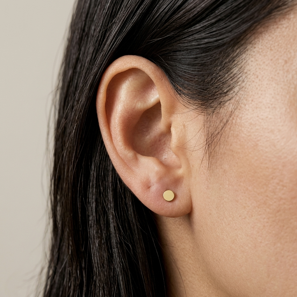 Close-up of 14K yellow gold personalized round disc stud earrings