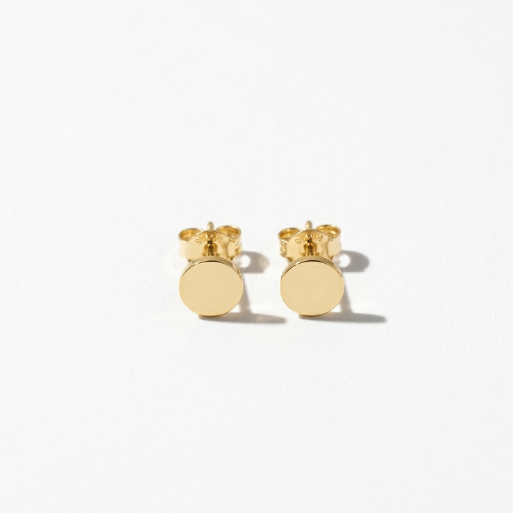 A pair of small gold stud earrings with flat circular disc faces, shown on a clean white background.