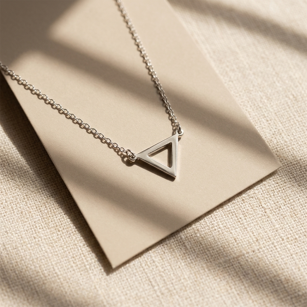 Close-up of 14K yellow gold dainty triangle necklace