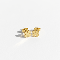 A pair of small gold stud earrings shaped like four-leaf clovers, shown on a clean white background with soft shadows.