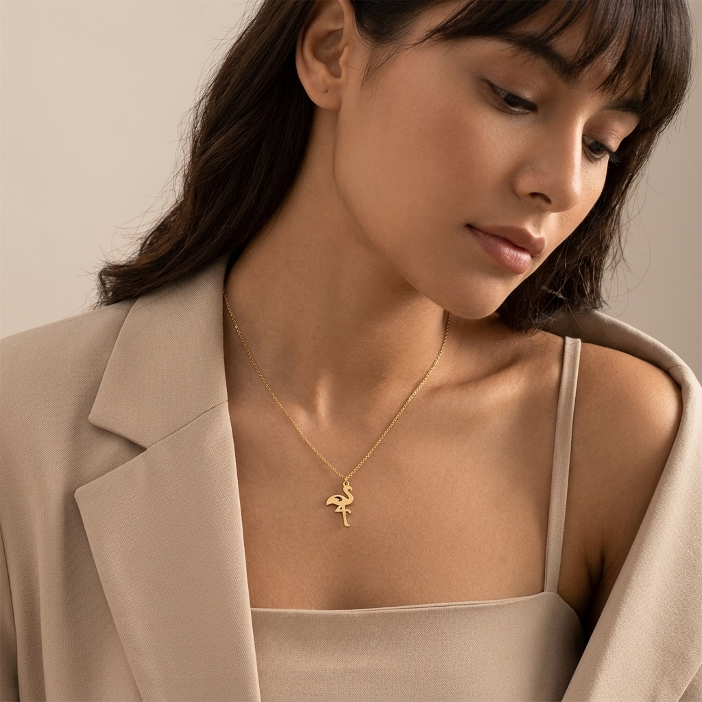 Close-up of 14K yellow gold flamingo necklace