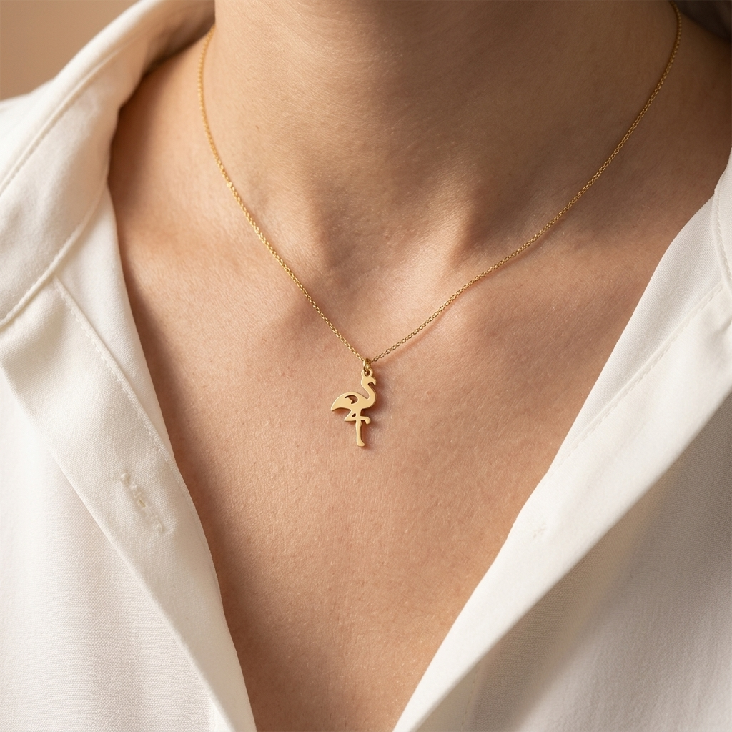Close-up of 14K yellow gold flamingo necklace