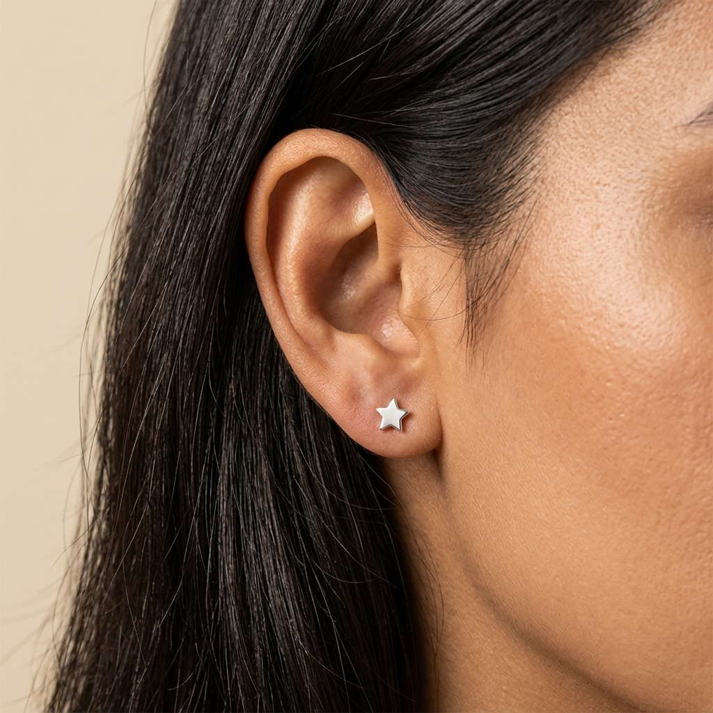 Close-up of 14K white gold tiny star stud earrings