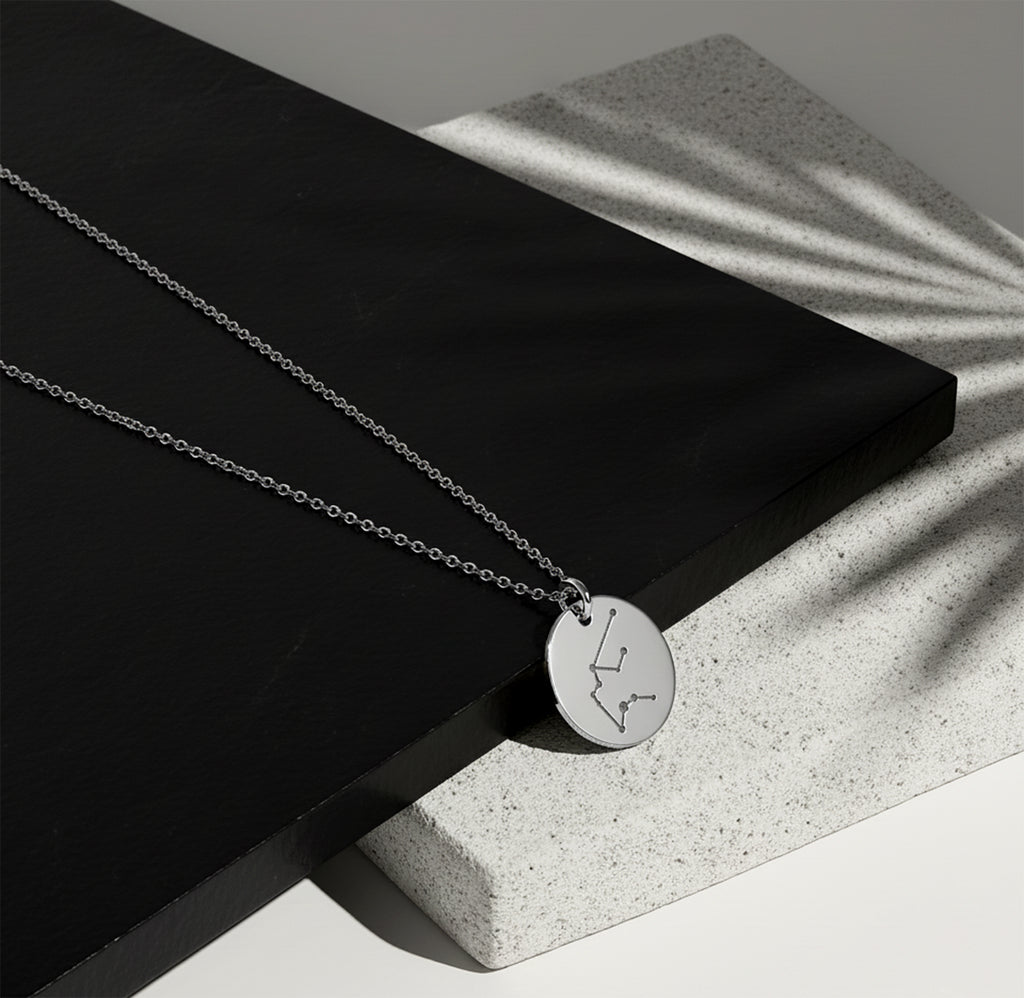 Close-up of 14K white gold zodiac constellation disc necklace