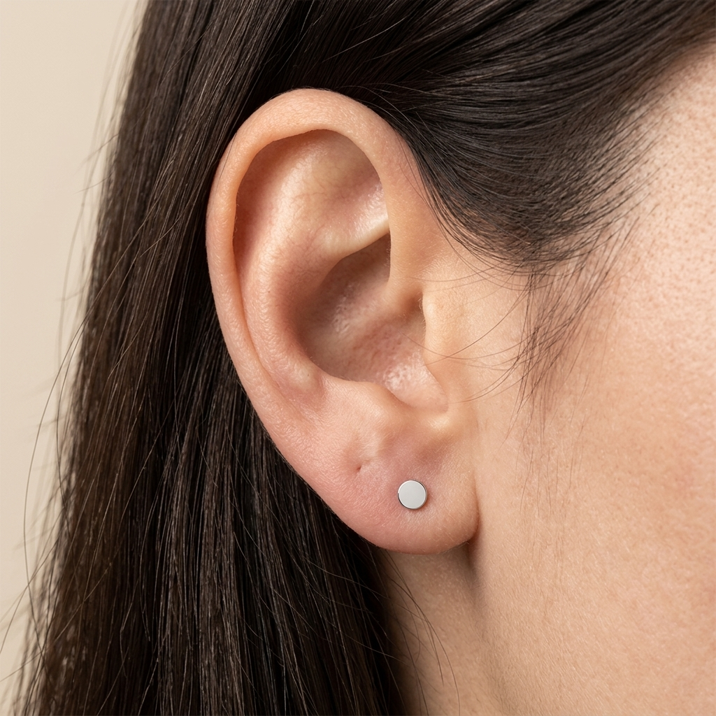 Close-up of 14K white gold personalized round disc stud earrings