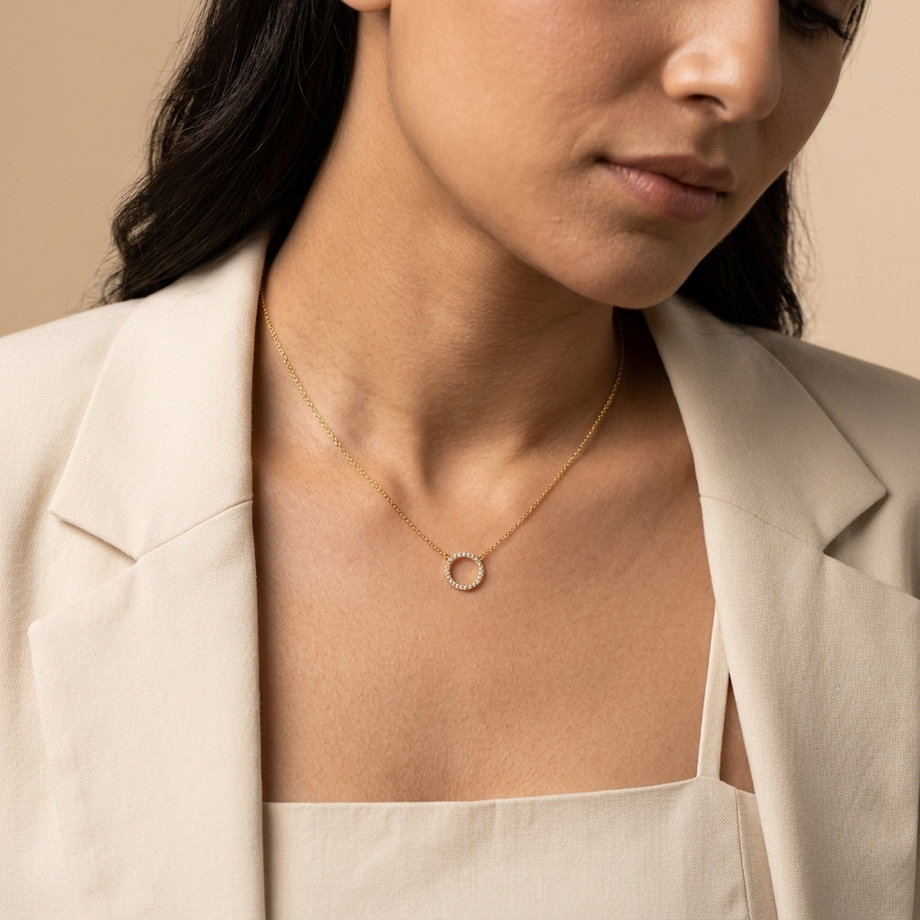Close-up of 14K yellow gold pavé lab-grown diamond circle necklace