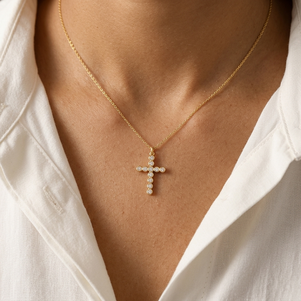Close-up of 14K yellow gold diamond cross necklace