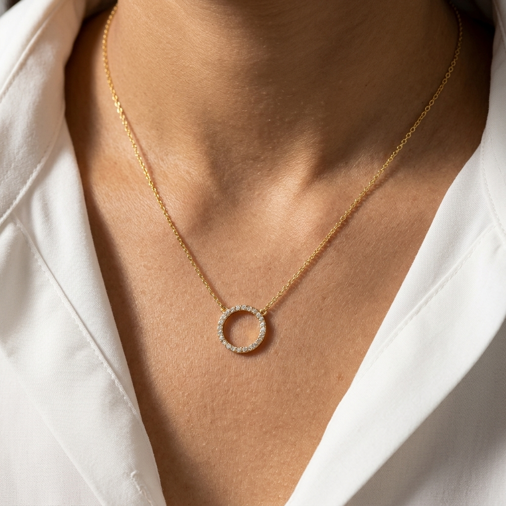 Close-up of 14K yellow gold pavé lab-grown diamond circle necklace