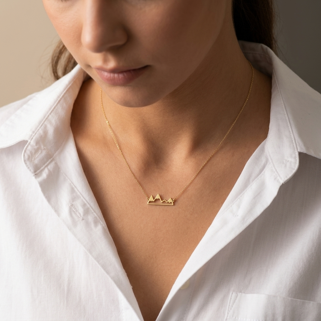 14K solid gold mountain traveler necklace, additional view