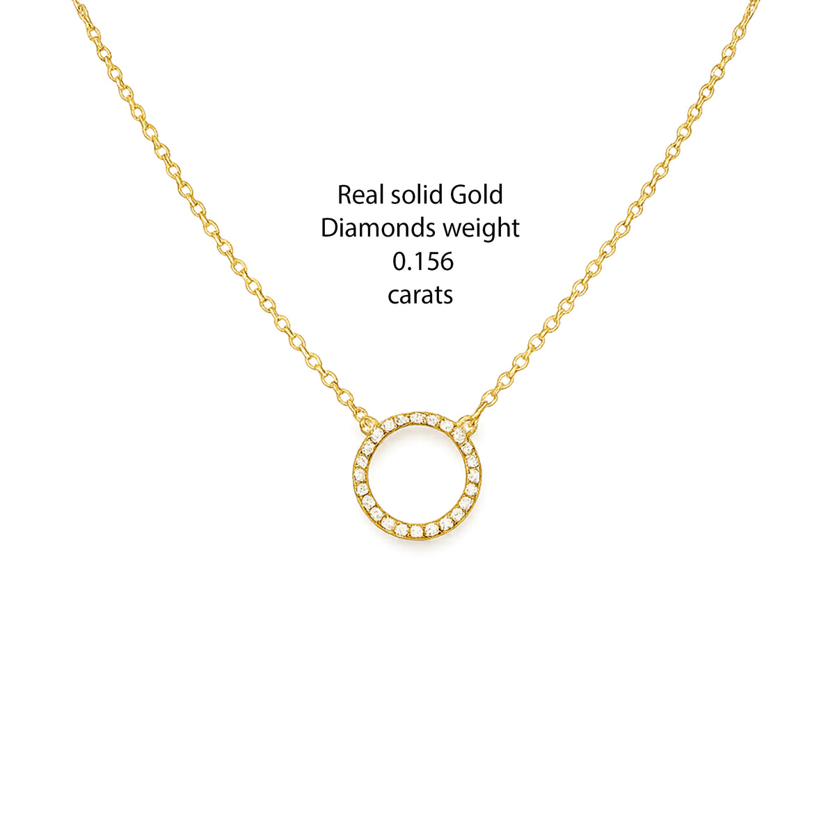 14K solid gold pavé lab-grown diamond circle necklace with pendant size and measurements