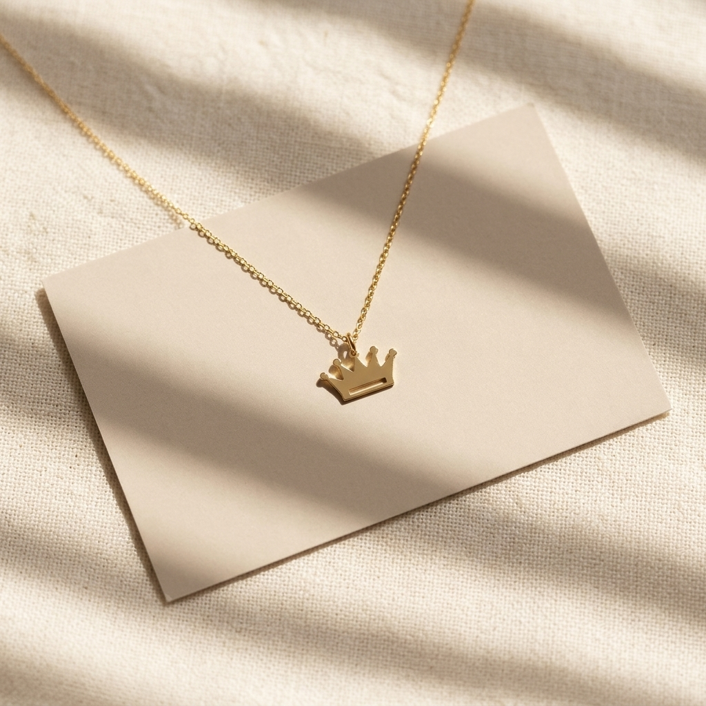14K solid gold crown pendant necklace, worn at the neckline