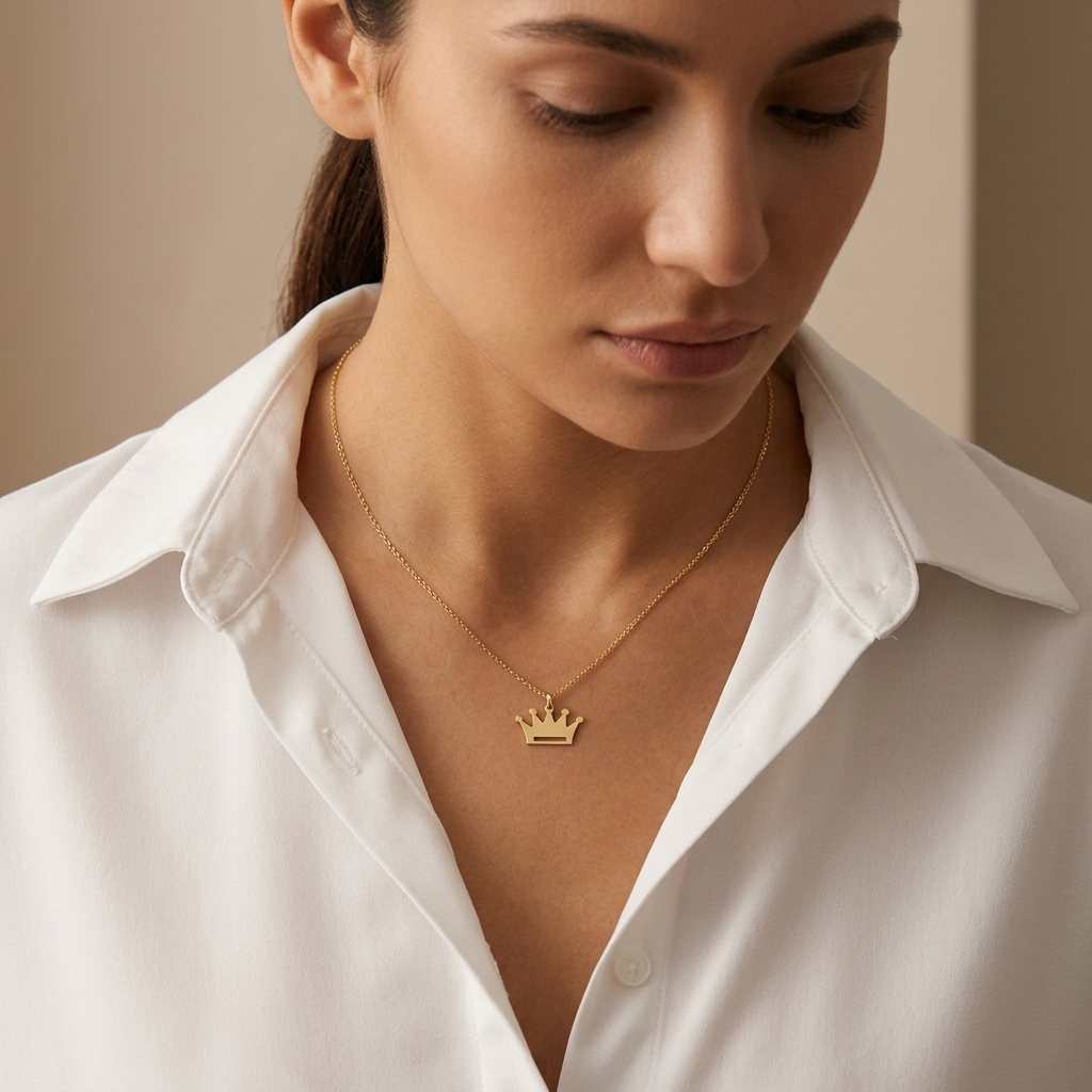 14K solid gold crown pendant necklace, worn at the neckline