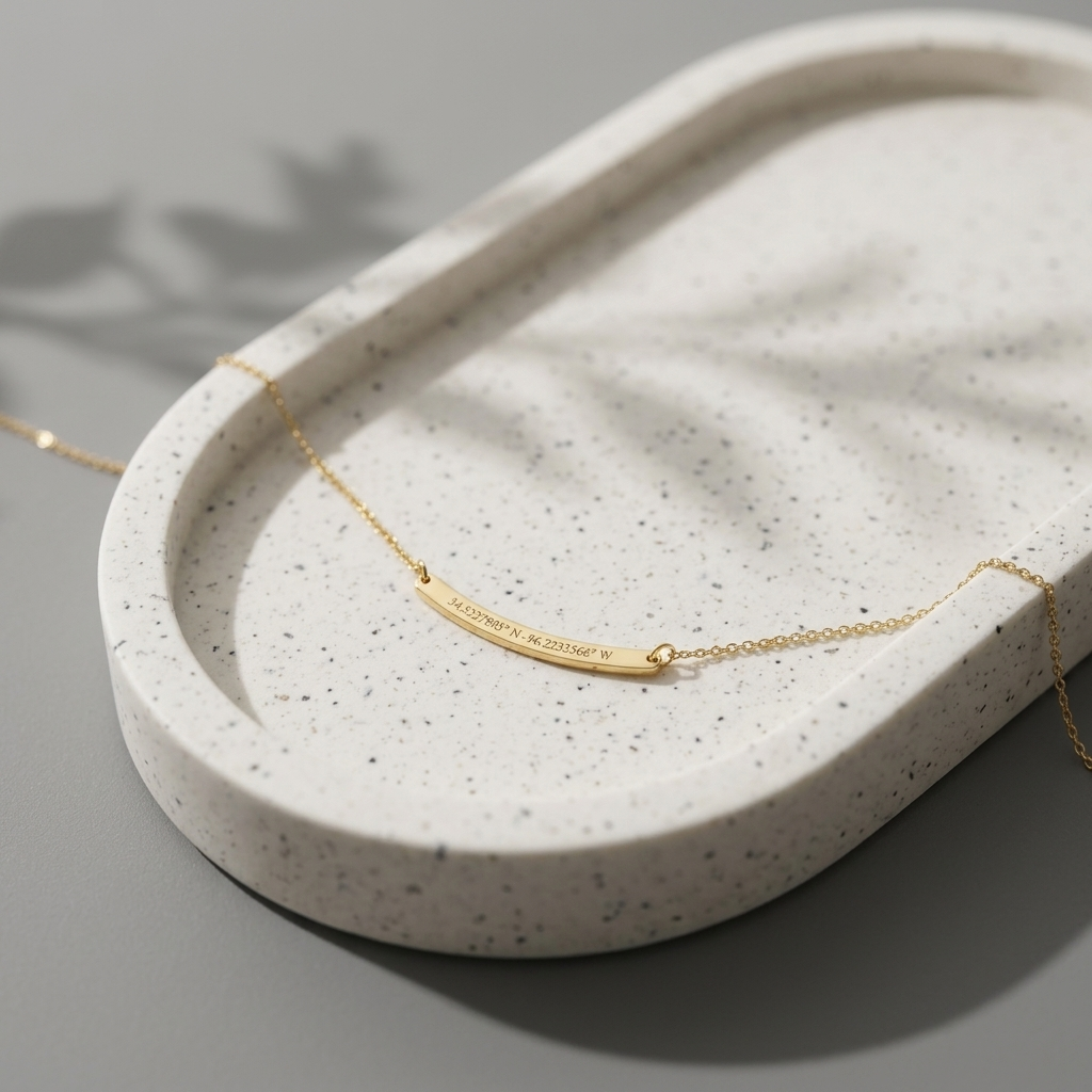 14K solid gold curved bar necklace, additional view