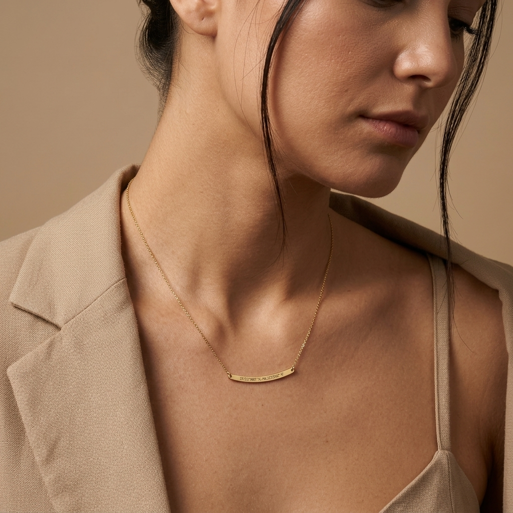 14K solid gold curved bar necklace, styled product view