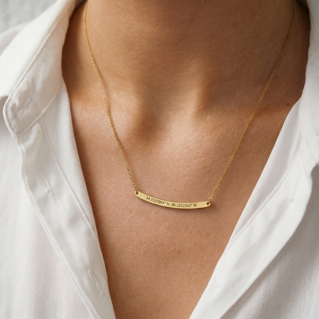 14K solid gold curved bar necklace, design detail